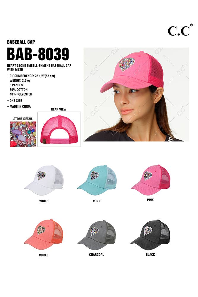 C.C Heart Stone Embellishment Baseball Cap: Pink