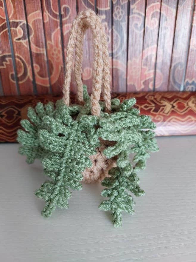 Crochet Fern Plant Car Mirror Hanging Ornament, House Decor: Light Green