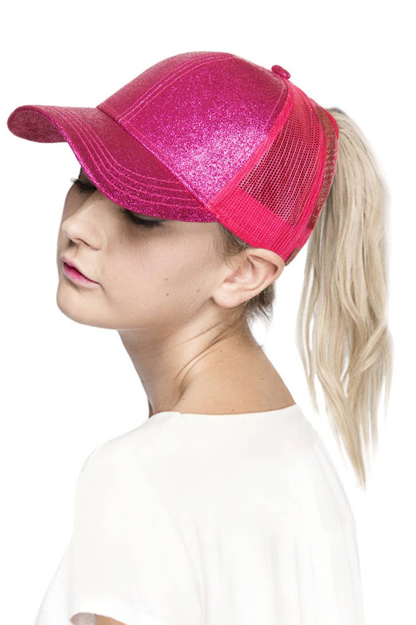 C.C Glitter Ponytail Baseball Cap: Hot Pink