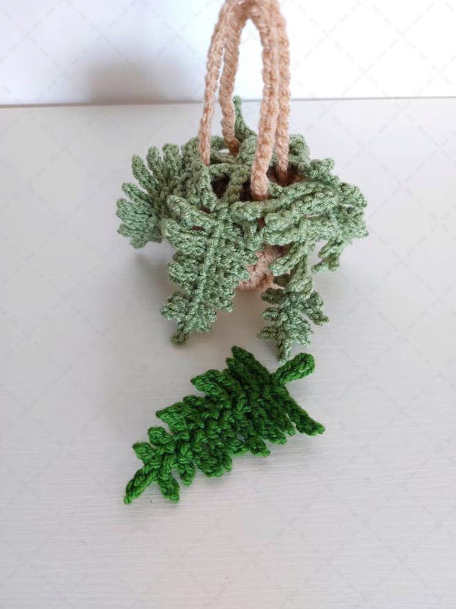 Crochet Fern Plant Car Mirror Hanging Ornament, House Decor: Light Green