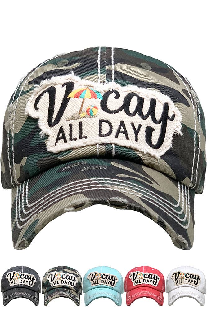 VACAY ALL DAY Washed Vintage Baseball Cap: Camo