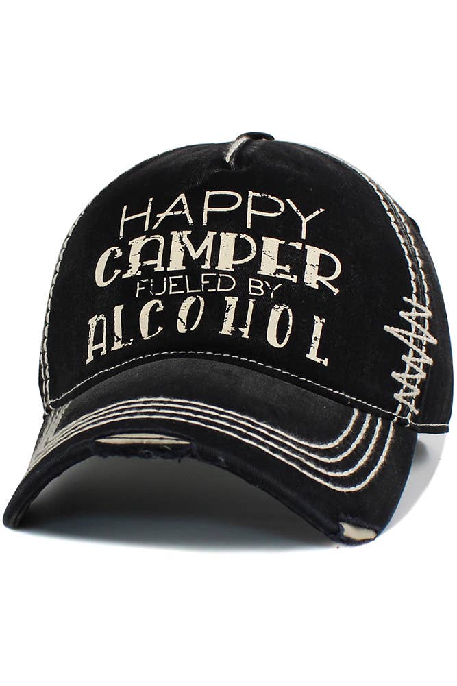 HAPPY CAMPER FUELED BY ALCOHOL Baseball Cap: Black