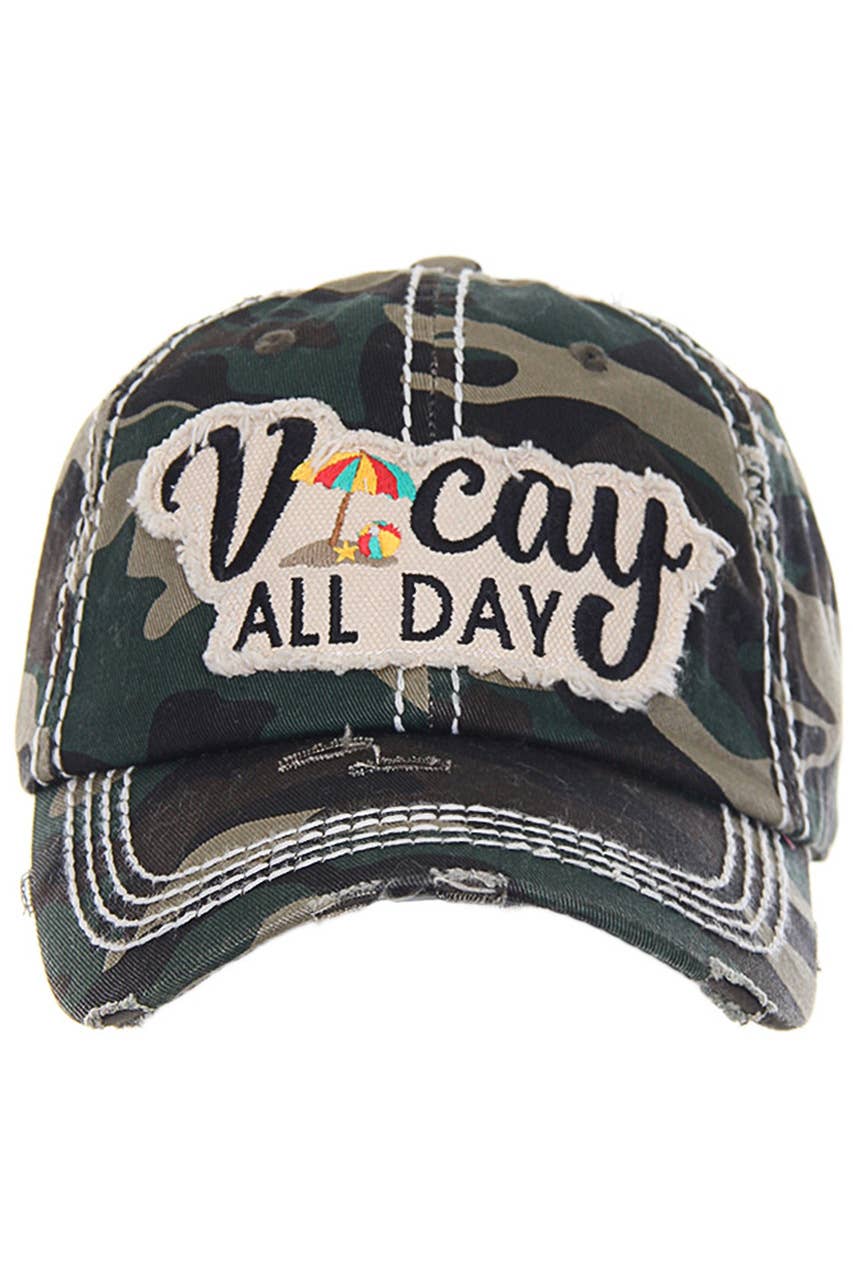 VACAY ALL DAY Washed Vintage Baseball Cap: Camo