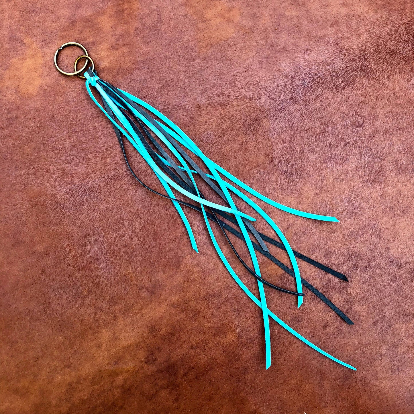 LEATHER TASSEL ZIPPER PULL TURQUOISE & CHARCOAL