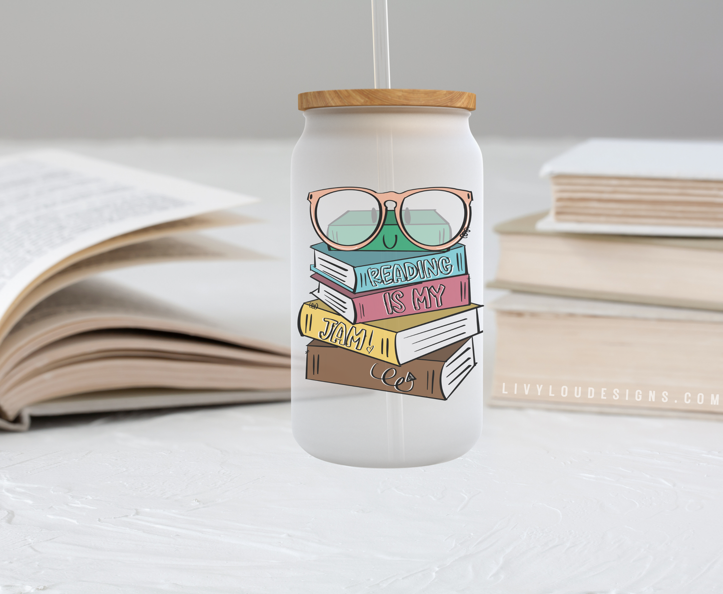 READING IS MY JAM BEER CAN GLASS W/LID & STRAW
