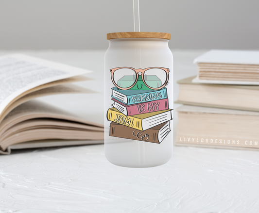 READING IS MY JAM BEER CAN GLASS W/LID & STRAW