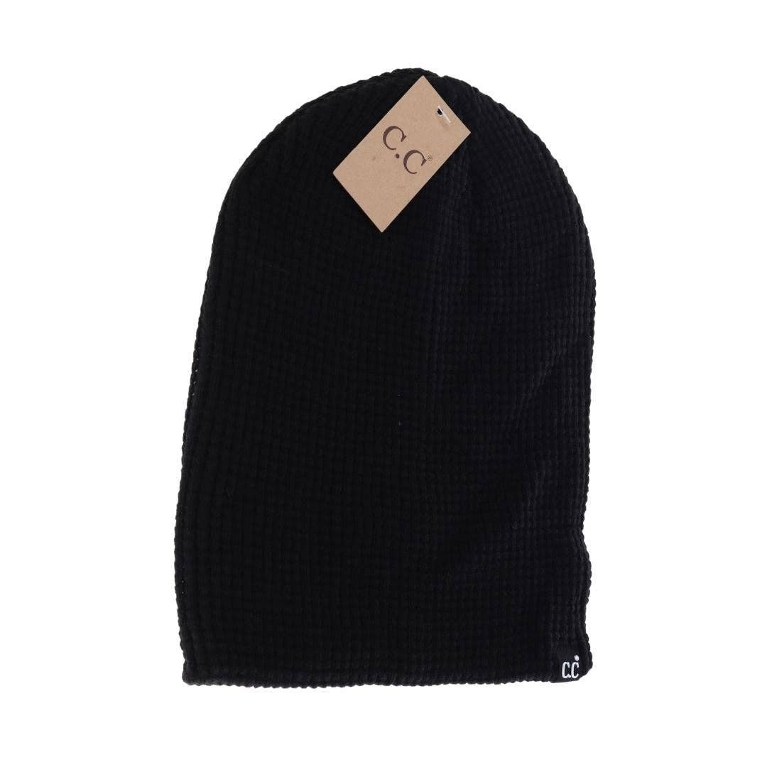 Unisex Waffle Knit Cuffed/Slouchy C.C. Beanie Black