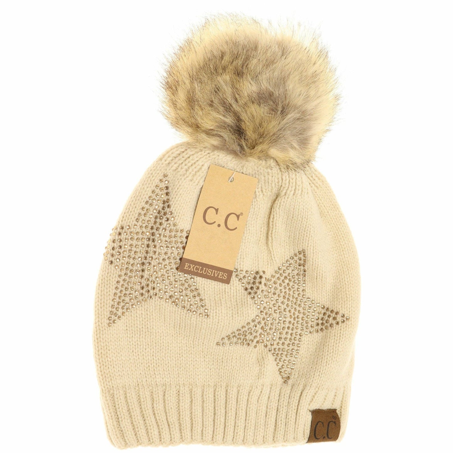 Rhinestone Star Fur Pom Beanie Beige