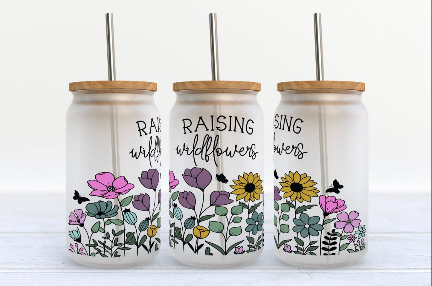 RAISING WILDFLOWERS BEER CAN GLASS W/LID & STRAW