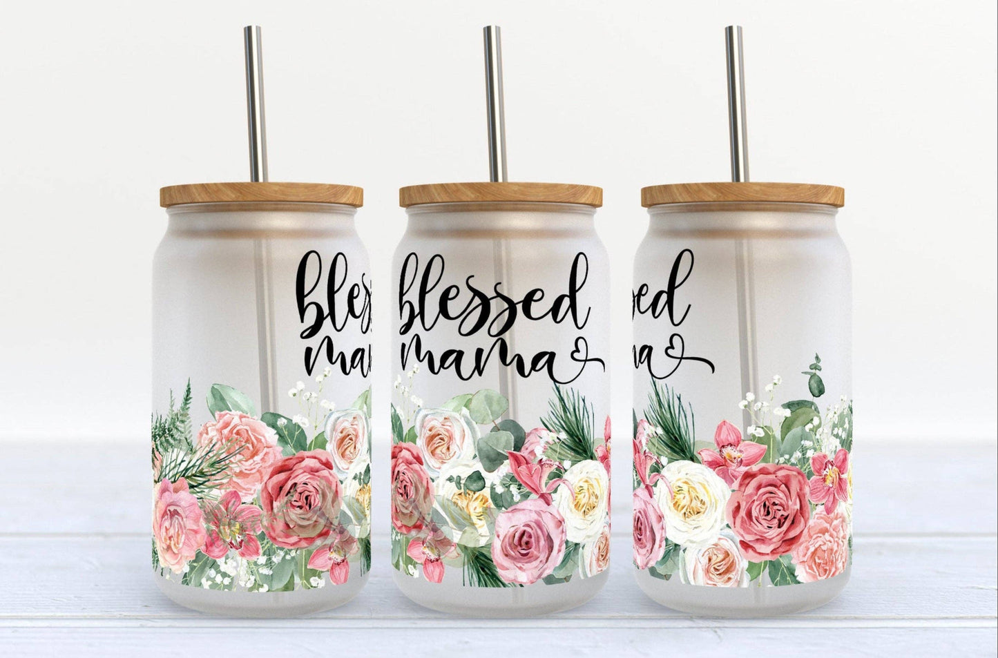 BLESSED MAMA BEER CAN GLASS W/LID & STRAW