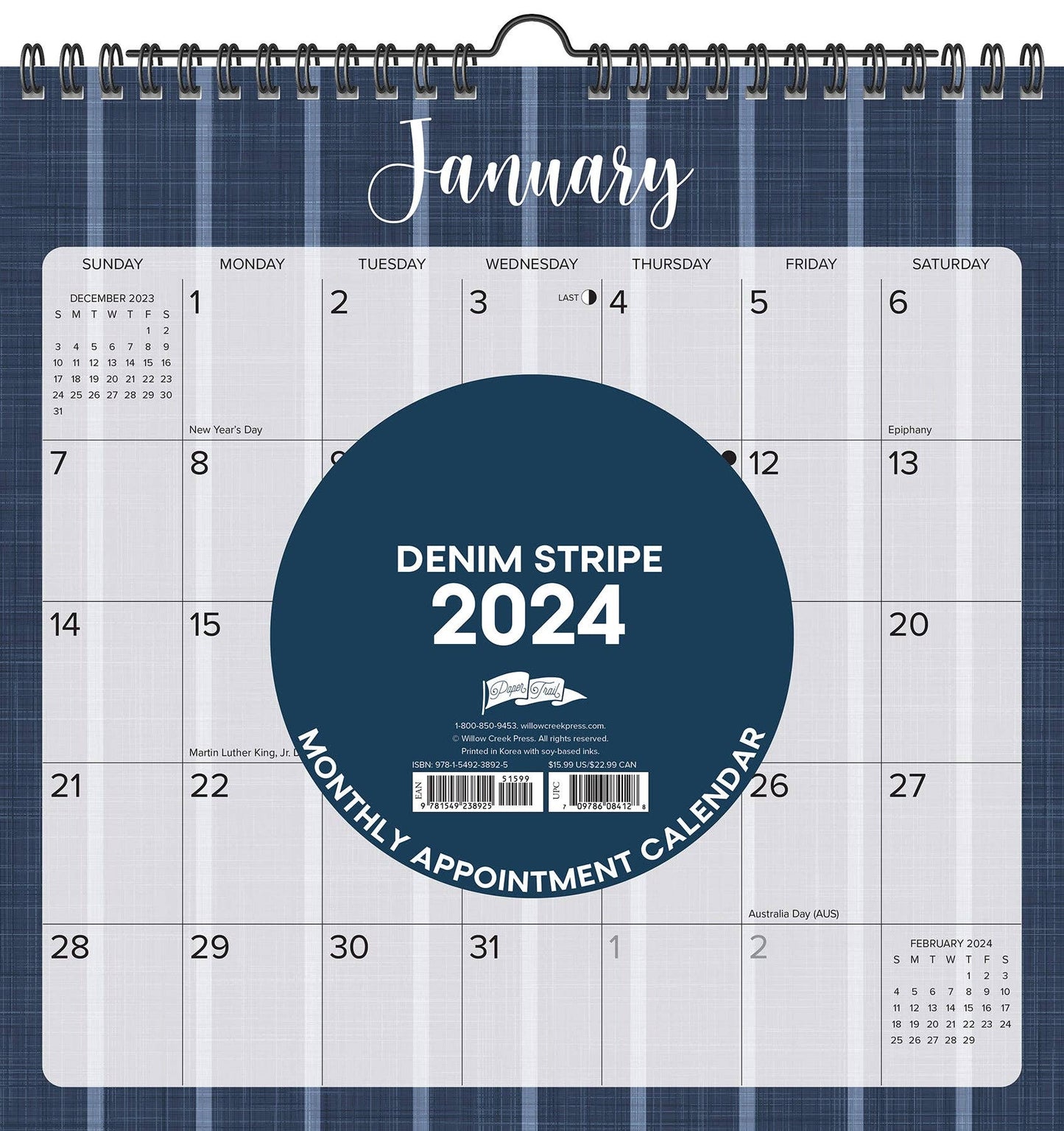 Denim Stripe 2024 Spiral Wall Calendar