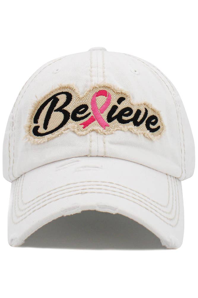 BELIEVE Pink Ribbon Washed Vintage Baseball Cap: White