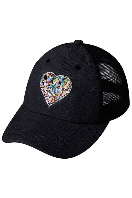 C.C Heart Stone Embellishment Baseball Cap: Black